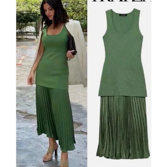 ZARA NEW WOMAN LONG PLEATED KNIT COMBINATION DRESS GREEN 4192/055 S M L - Picture 11 of 17